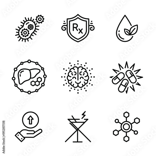 Collection of Medical and Science Icons Representing Health and Research.