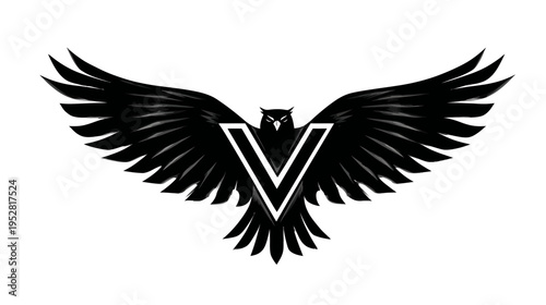 Black owl with wings spread logo design on white background