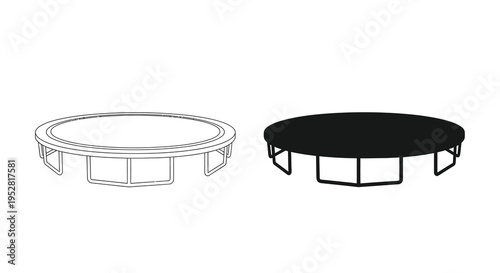 A graphic depiction showcases two distinct renderings of a circular trampoline one outlined and one solid high quality professional