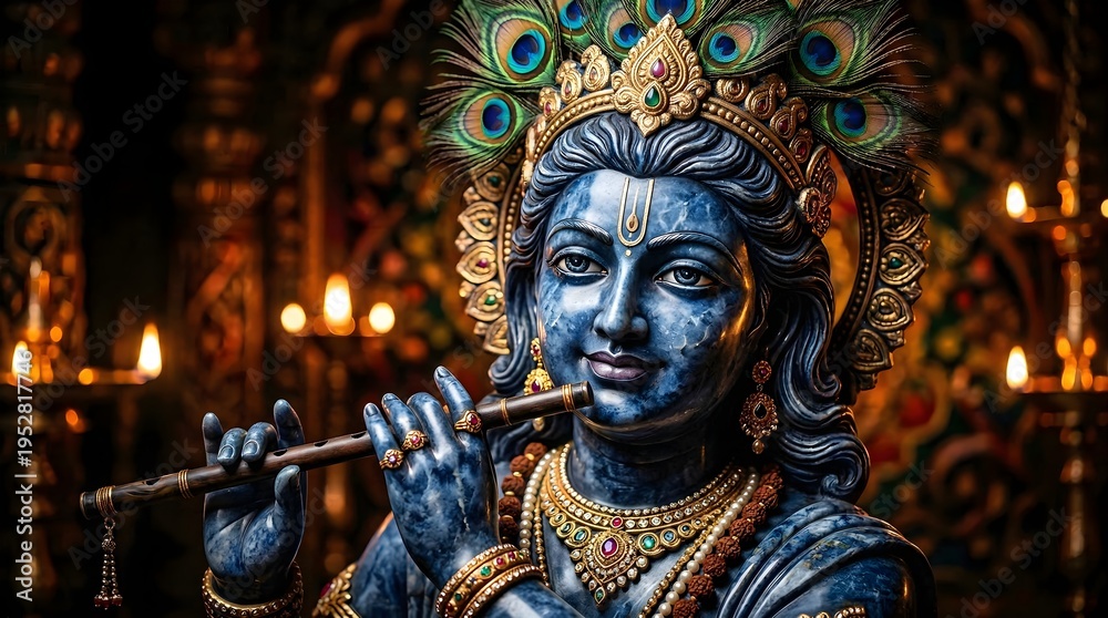 Obraz premium Krishna Statue Playing Flute in Mystic Forest Divine Light Aura