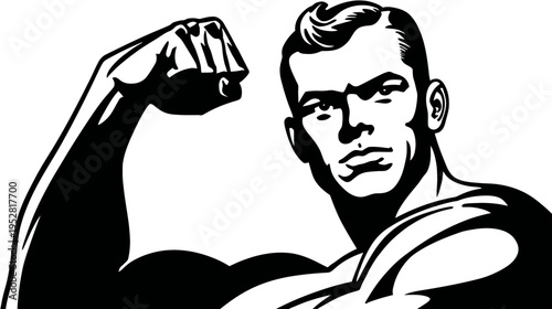 Muscular man flexing arm in retro style illustration vector