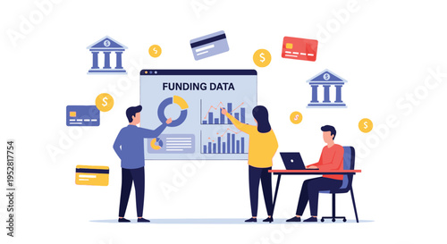 Business team analyzing funding data on screen.