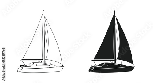 A minimalist black and white depiction features two sailboats side by side with differing shading styles high quality professional detailed modern elegant stylish