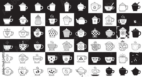 Collection of black and white line and silhouette of teapots and cups coffee drink