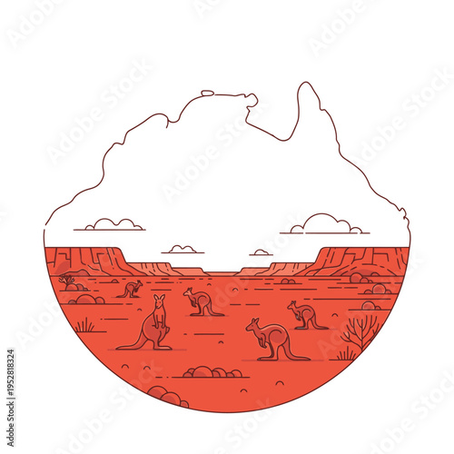 Australian Outback Landscape with Kangaroos and Desert Flora.