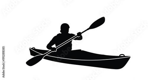 A striking black silhouette depicts a kayaker paddling a sleek vessel across calm waters emphasizing solitude high quality professional