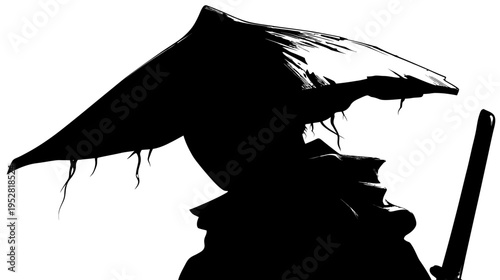 Silhouette of a warrior in a traditional hat with a sword illustration