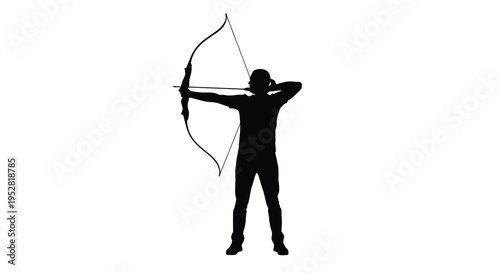A silhouetted archer draws back a traditional bow preparing to release an arrow with focused intensity high quality professional