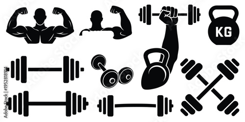 Collection fitness icon design vector set for logo, strength power weightlifting symbols, muscle gym workout training icons, bodybuilding exercise shapes, dumbbell barbell sport icons,