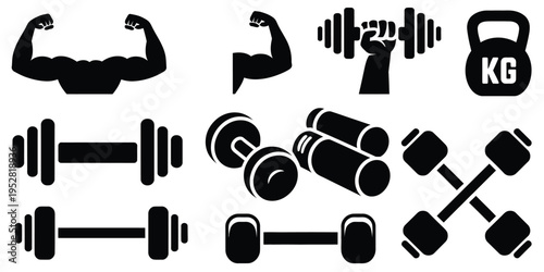 Collection fitness icon design vector set for logo, modern gym and workout symbols, simple strength training and exercise icons, minimal bodybuilding and weightlifting shapes, 