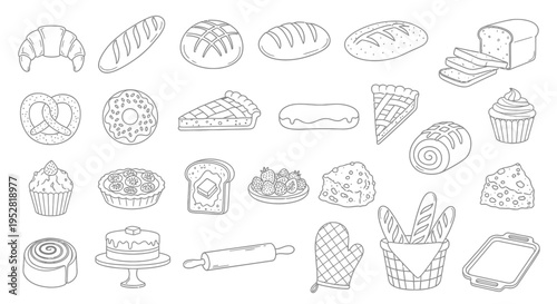 a diverse collection of hand-drawn bakery and pastry illustrations featuring bread cakes and sweet treats