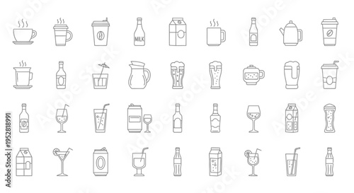 beverage icons set illustrating a diverse range of hot and cold drinks in minimalist line art style for menus and hospitality design
