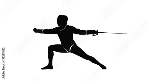 A striking silhouette depicts a fencer in mid attack poised with sword extended showcasing athletic form and dynamic movement