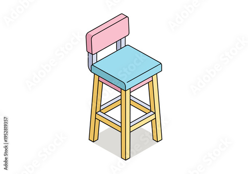 Isometric illustration of a pastel colored bar stool with a pink backrest and blue seat