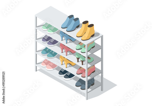Isometric shoe rack displaying a variety of colorful footwear organized neatly on shelves