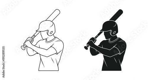 A stark black and white illustration depicts two baseball players in batting stances showcasing athletic figures and equipment high quality professional