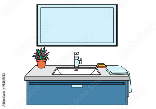 Modern bathroom vanity with sink, faucet, mirror, plant, and folded towel