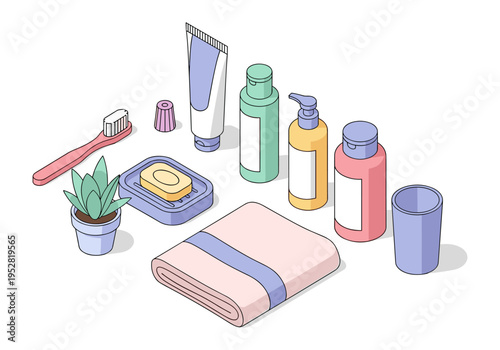 Isometric bathroom essentials including toiletries, towel, and small potted plant