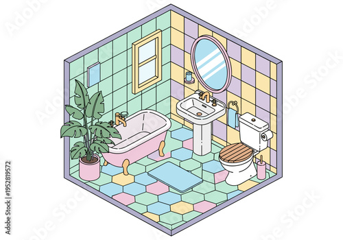 Charming isometric bathroom illustration with pastel colors and a vintage clawfoot tub