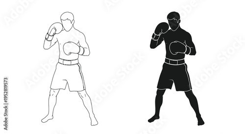 This graphic depicts two contrasting views of a boxer in a fighting stance one light and one dark