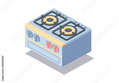 Isometric illustration of a compact two-burner gas stove with oven and control knobs