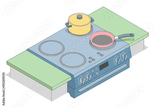 Isometric illustration of a blue electric stove with a pot and pan on its burners