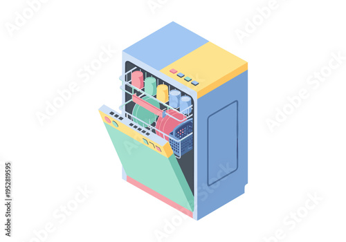 Isometric dishwasher with open door filled with clean dishes and cutlery basket