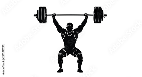 A stark black silhouette depicts a muscular weightlifter successfully completing an overhead barbell press high quality professional detailed modern