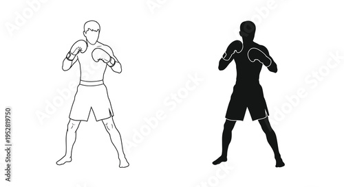 A stark black and white illustration depicts two boxers in fighting stances showcasing athletic figures and dynamic poses high quality professional