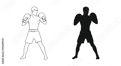 A stark depiction of a boxer in a fighting stance presented as both a light figure and a dark silhouette