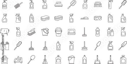 Collection of black line for cleaning supplies and tools