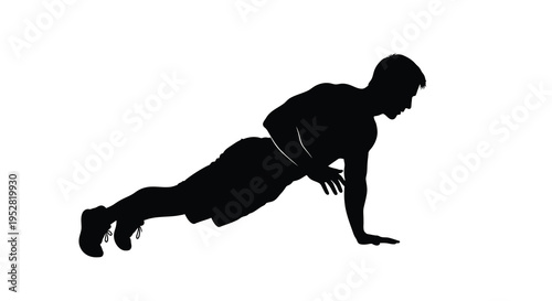 A stark silhouette depicts a man actively performing a push up exercise against a plain white background high quality professional