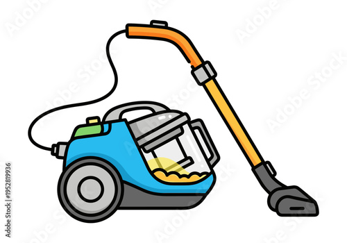 Modern cartoon vacuum cleaner with transparent dustbin and yellow liquid inside