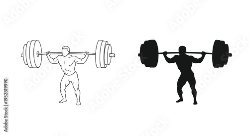 A stark black and white illustration depicts a weightlifter performing a squat with a barbell shown in both outline and silhouette