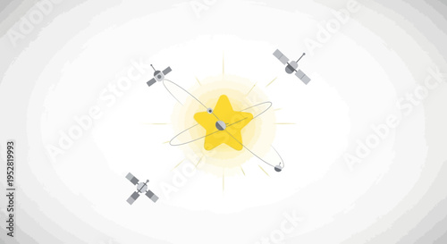 3D Satellites Orbiting Glowing Star in Outer Space, Digital Illustration