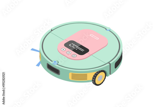 Modern robotic vacuum cleaner with digital display and buttons, isolated on white background