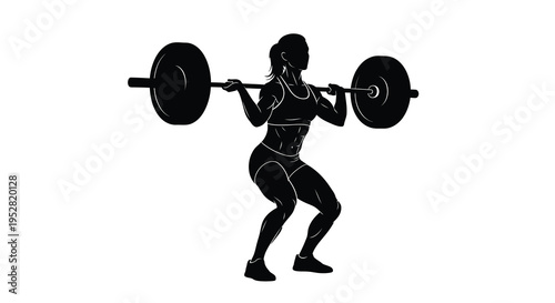 A silhouette of a female athlete performing a barbell back squat demonstrating strength and fitness training high quality professional