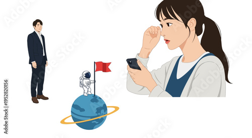 Astronaut plants flag on planet; businesswoman checks phone, businessman stands aside