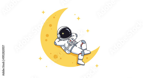 Astronaut Resting on Crescent Moon with Stars, Space Relaxation