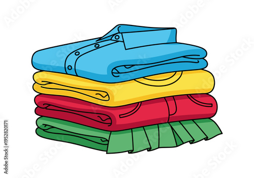 Neatly folded stack of colorful clothes including a blue shirt, yellow shirt, red pants, and green skirt