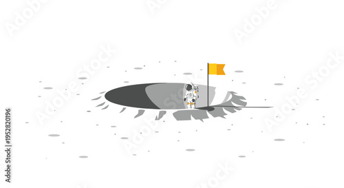 Astronaut standing near crater with flag on moon surface, space exploration concept