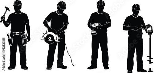 Silhouette construction workers with hammer, saw, drill, auger, manual labor poses, industrial workforce, building industry, teamwork illustration, occupational roles