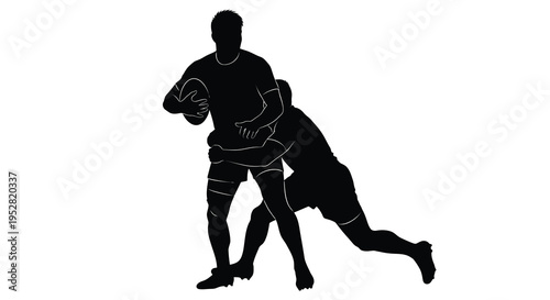 A dynamic silhouette illustrates a rugby player attempting to break a tackle during an intense sporting action high quality