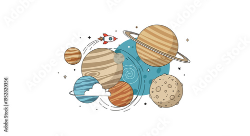 Cartoon Planets, Rocket Ship, and Stars in Outer Space - Space Exploration