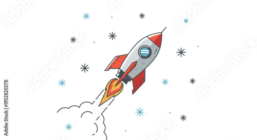 Cartoon Rocket Ship Launching into Space with Stars and Clouds