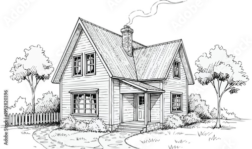  The image depicts a detailed black and white sketch of a cozy house