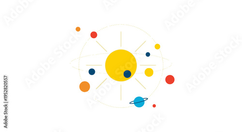 Colorful Solar System Illustration with Sun and Planets orbiting