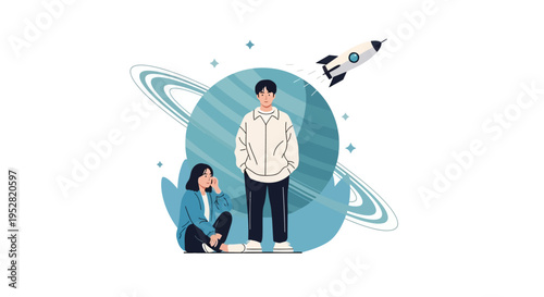 Couple exploring space, rocket launch, futuristic planet, science fiction concept