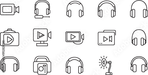 Collection of black outline for and audio equipment camera camcorder headphones headset microphone