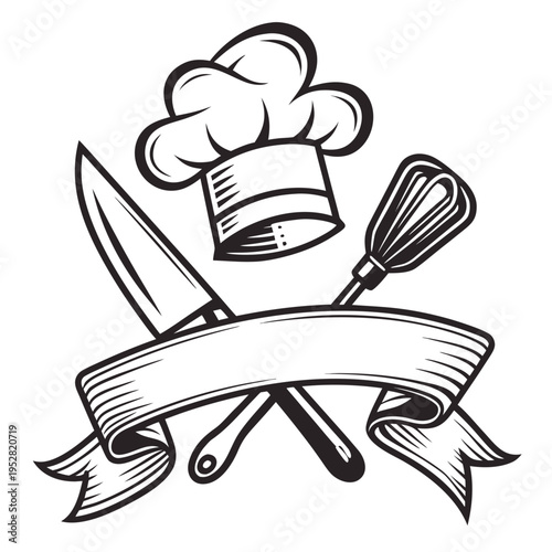 Chef hat, knife, and whisk with ribbon a classic emblem for culinary school, restaurant, or gourmet food business branding